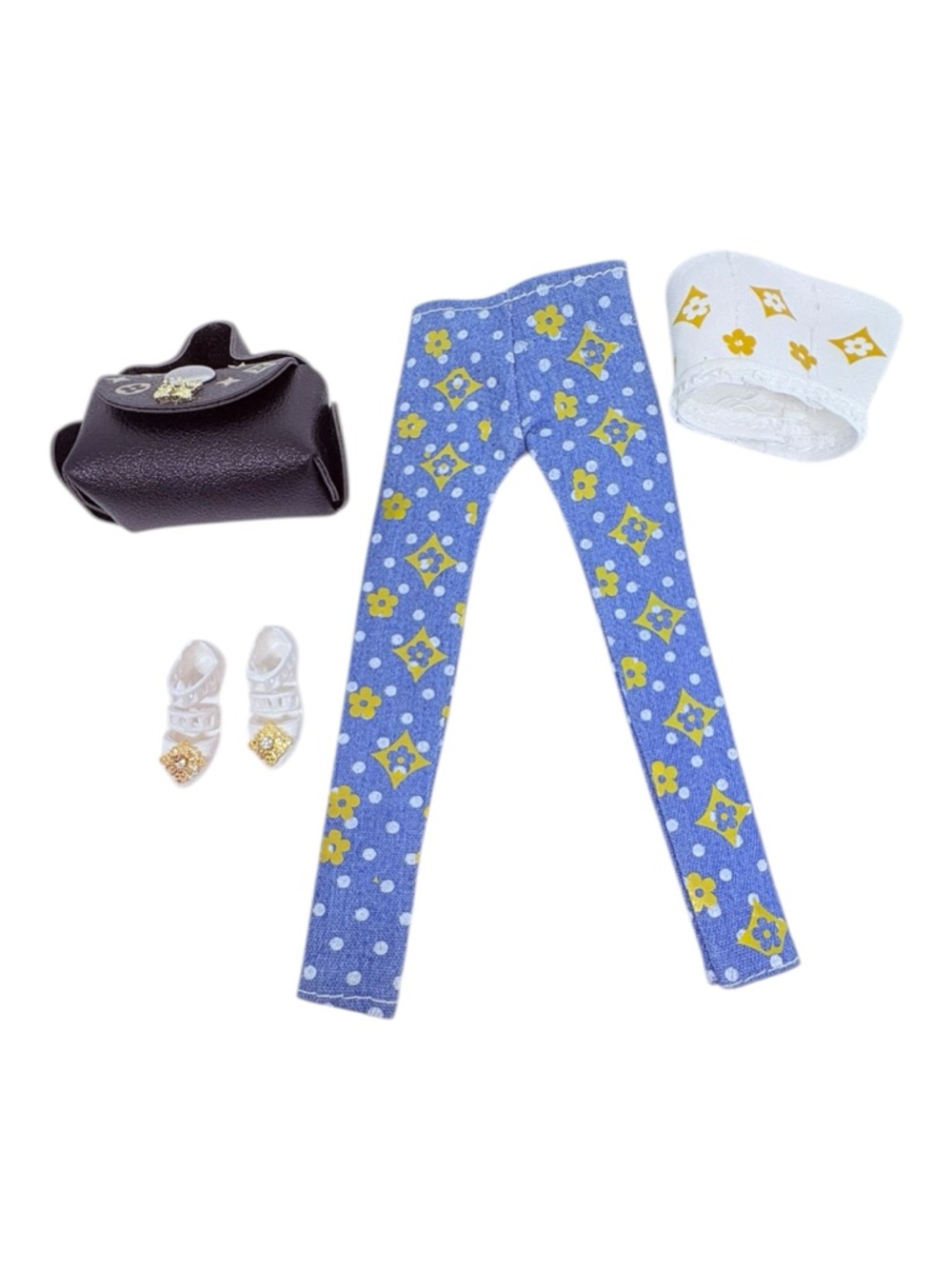 Fashion doll  Blue Floral Print Pants & White Crop Top Set - Picture 4 of 7